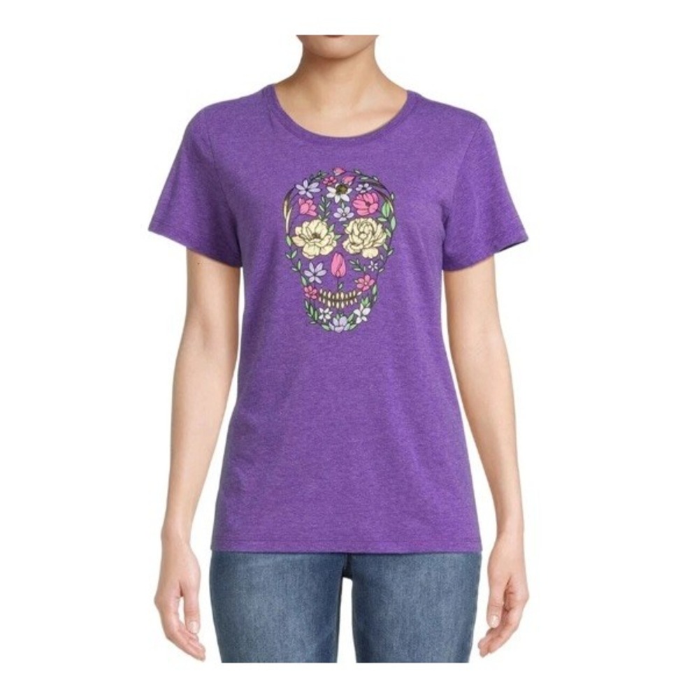 Women's Halloween Flower Skull Graphic Tee Purple Size M 8-10 New